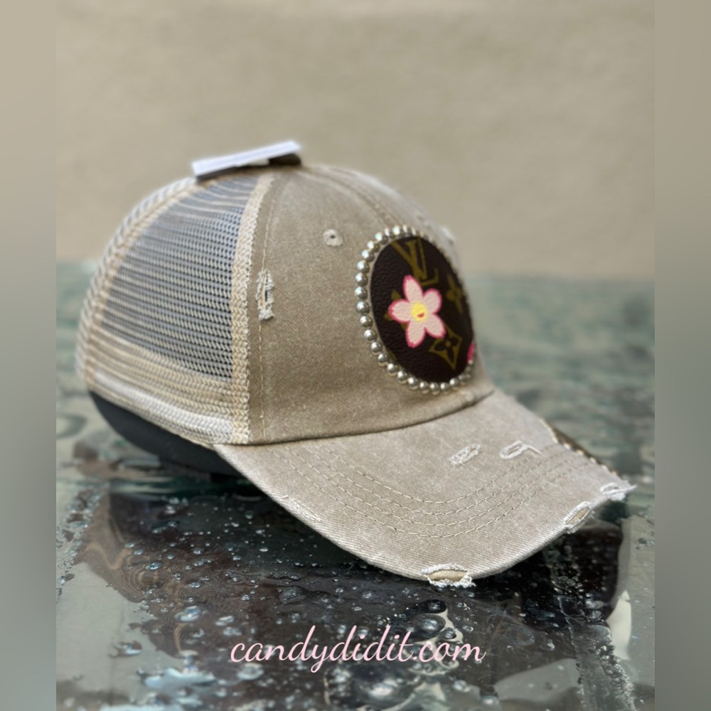 Unique Handmade Cherry Blossom Distressed Studded LV Tan Ball Cap - Picture 5 of 11